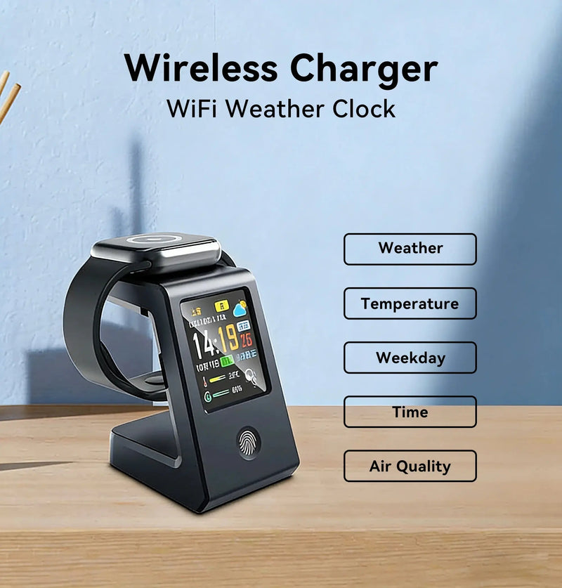 Smart WiFi weather clock, featuring wireless charging for watches, digital table clock, real-time weather display, touch control GreatEagleInc