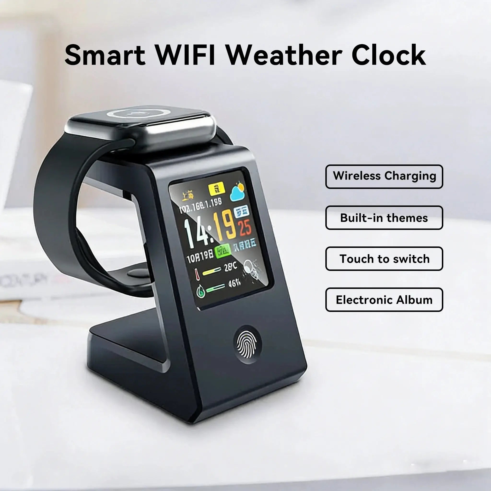 Smart WiFi weather clock, featuring wireless charging for watches, digital table clock, real-time weather display, touch control GreatEagleInc