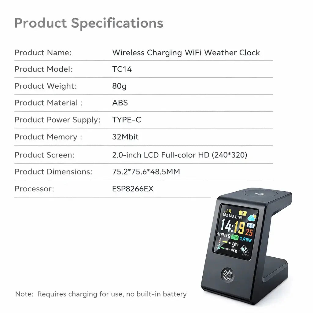 Smart WiFi weather clock, featuring wireless charging for watches, digital table clock, real-time weather display, touch control GreatEagleInc