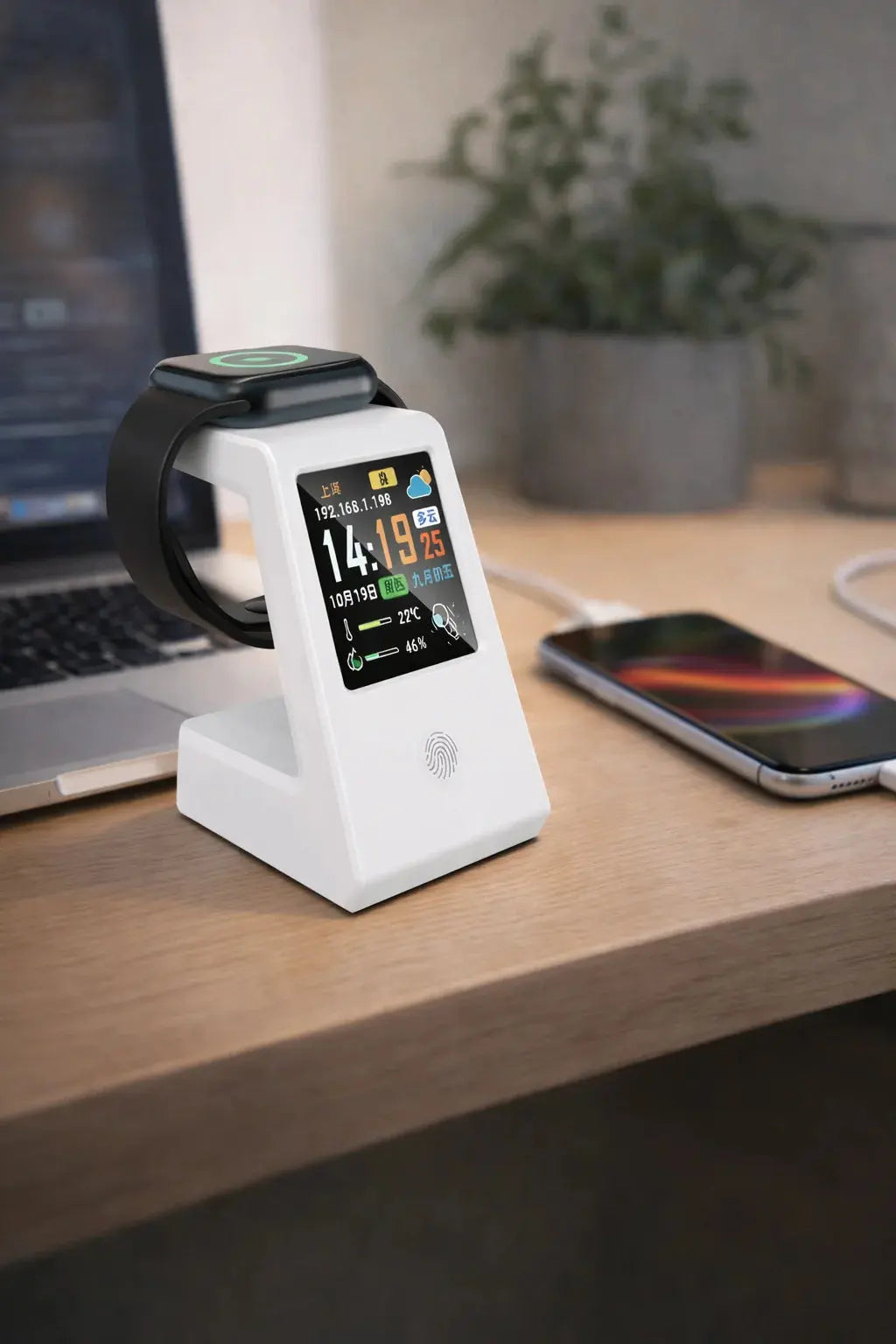 Smart WiFi weather clock, featuring wireless charging for watches, digital table clock, real-time weather display, touch control GreatEagleInc