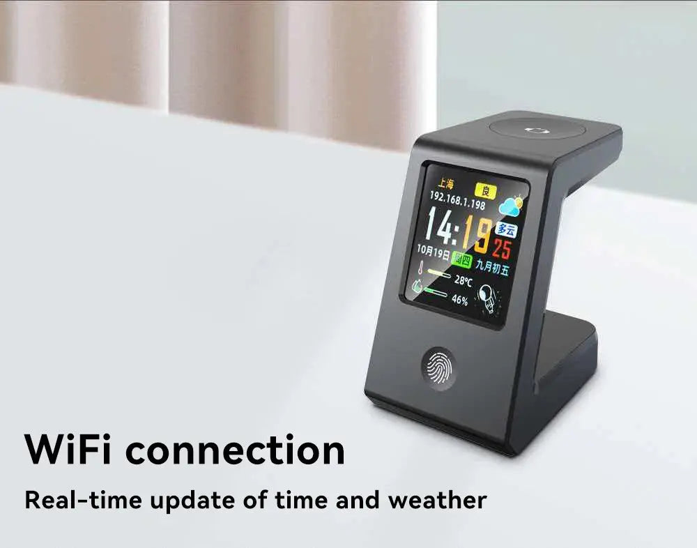 Smart WiFi weather clock, featuring wireless charging for watches, digital table clock, real-time weather display, touch control GreatEagleInc