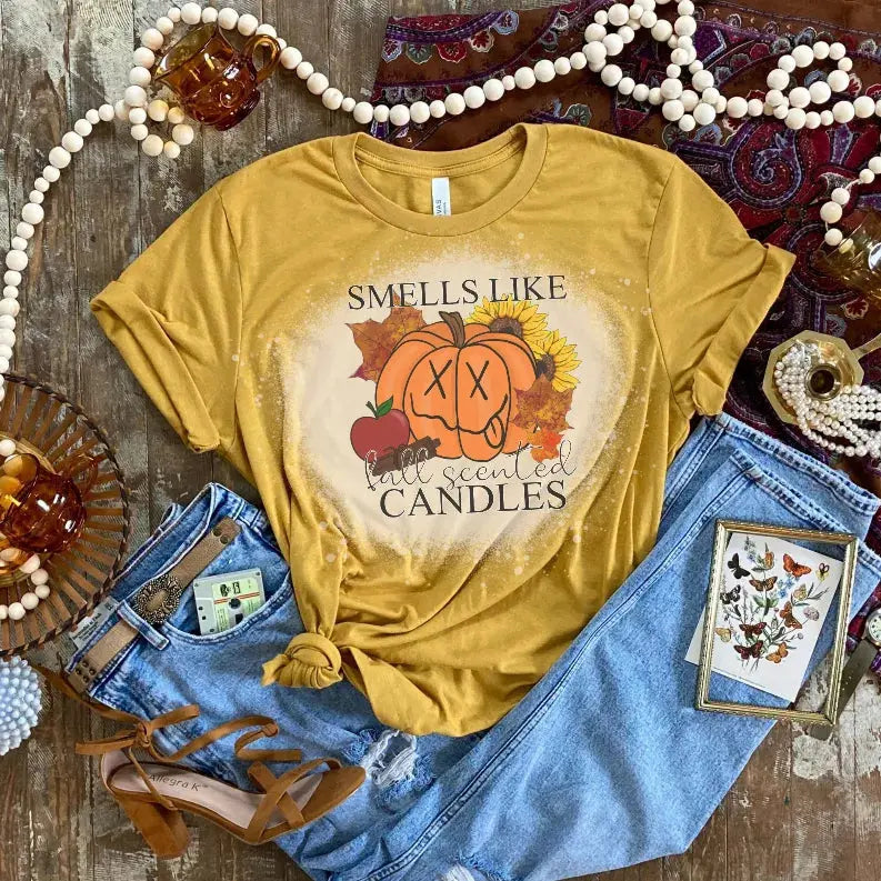 Smells Like Fall Scented Candles Bleached Shirt CK's Boutique