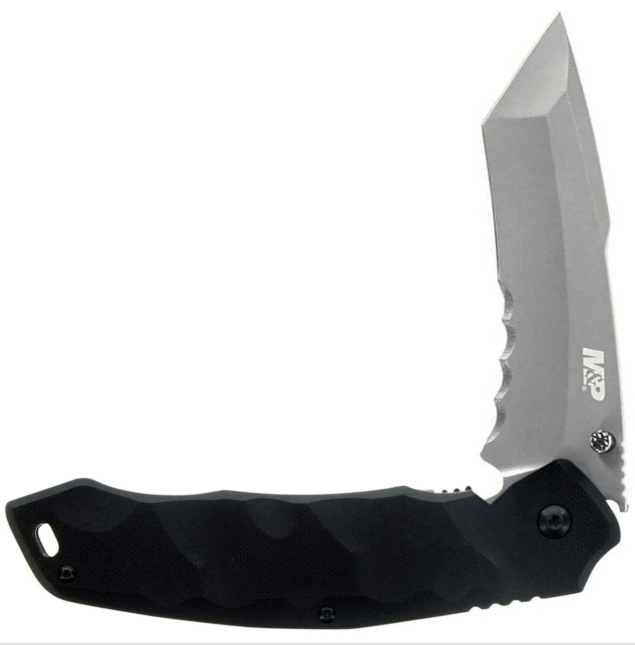Silver stainless steel folding knife with a black textured handle and serrated edge, perfect for outdoor and tactical use.