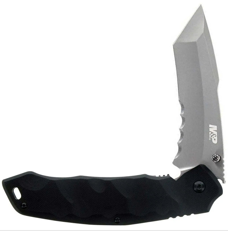 Silver stainless steel folding knife with a black textured handle and serrated edge, perfect for outdoor and tactical use.