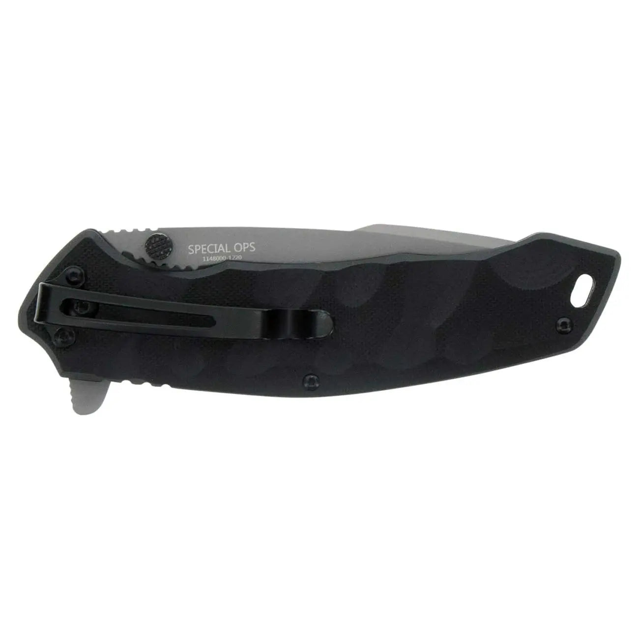 Black tactical folding knife with a gray blade and textured handle, designed for outdoor and survival use.