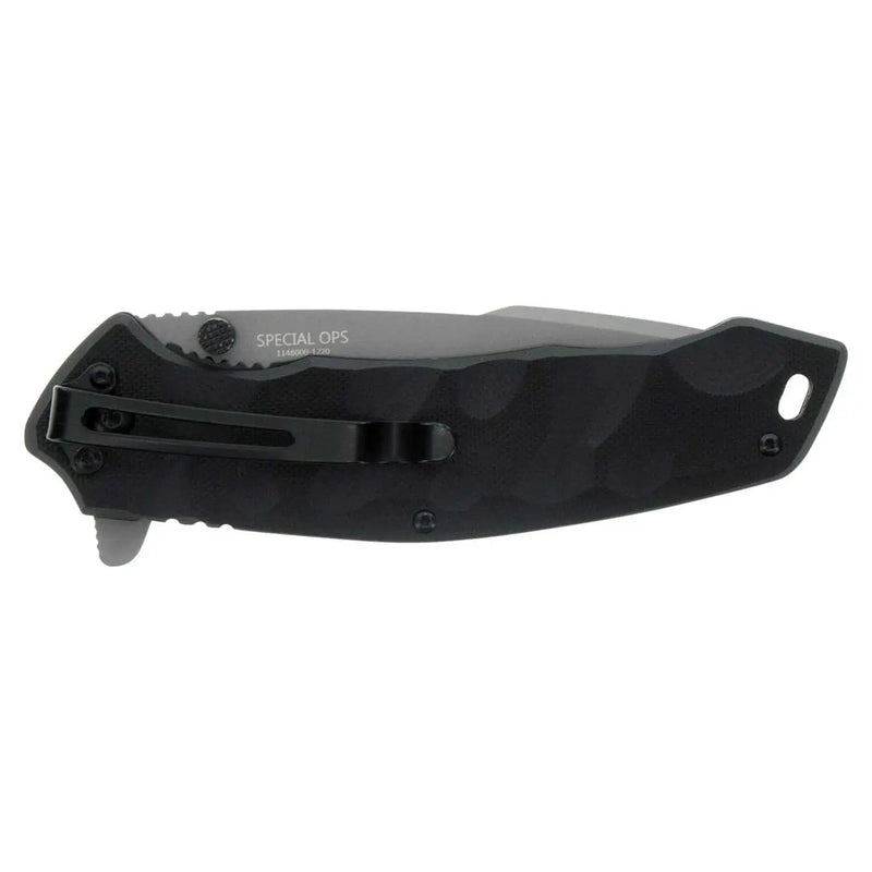 Black tactical folding knife with a gray blade and textured handle, designed for outdoor and survival use.
