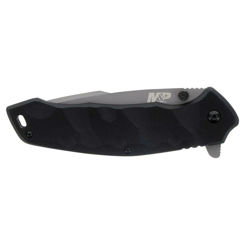 Black tactical folding knife with a gray blade and textured grip for enhanced control and durability. Ideal for outdoor use.