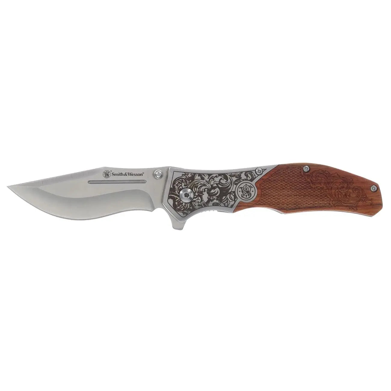 Smith & Wesson Unwavered Recurved Assisted Open Pocket Knife With Engraved Rosewood Handle BTI Tools