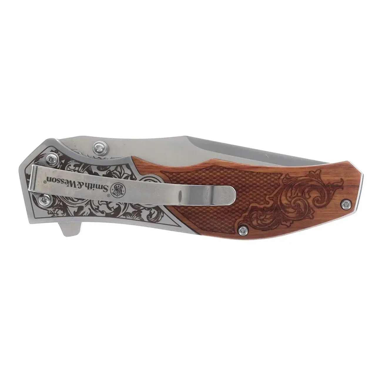 Smith & Wesson Unwavered Recurved Assisted Open Pocket Knife With Engraved Rosewood Handle BTI Tools