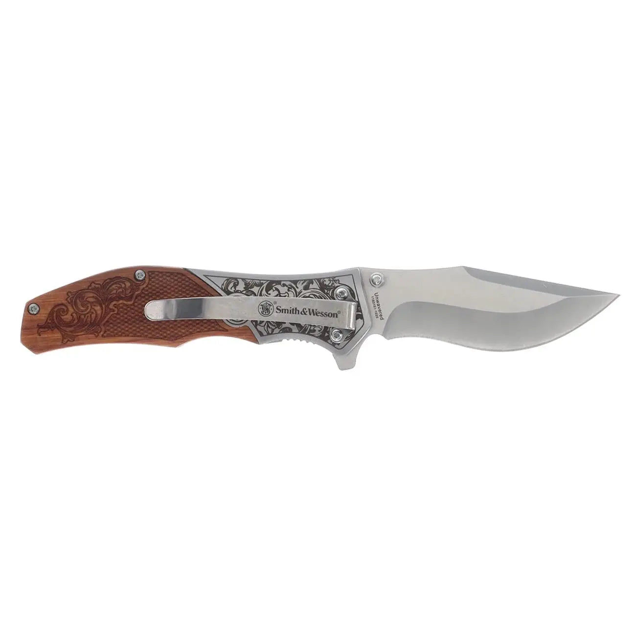 Smith & Wesson Unwavered Recurved Assisted Open Pocket Knife With Engraved Rosewood Handle BTI Tools