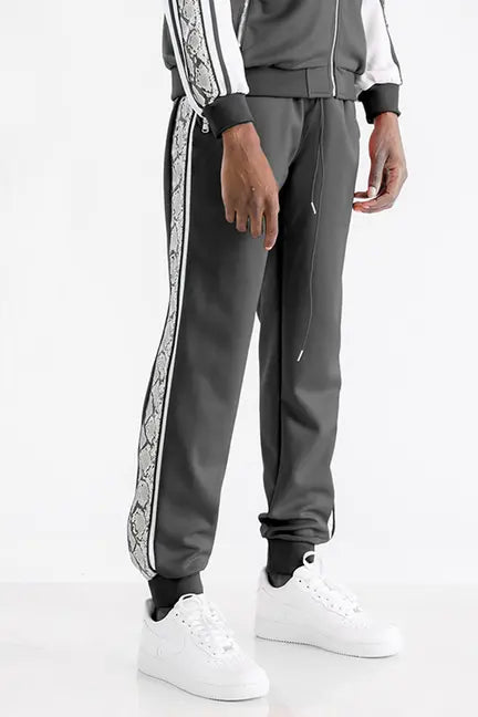 Gray track pants with snake print stripes, lightweight fabric, elastic waistband, styled with white sneakers.