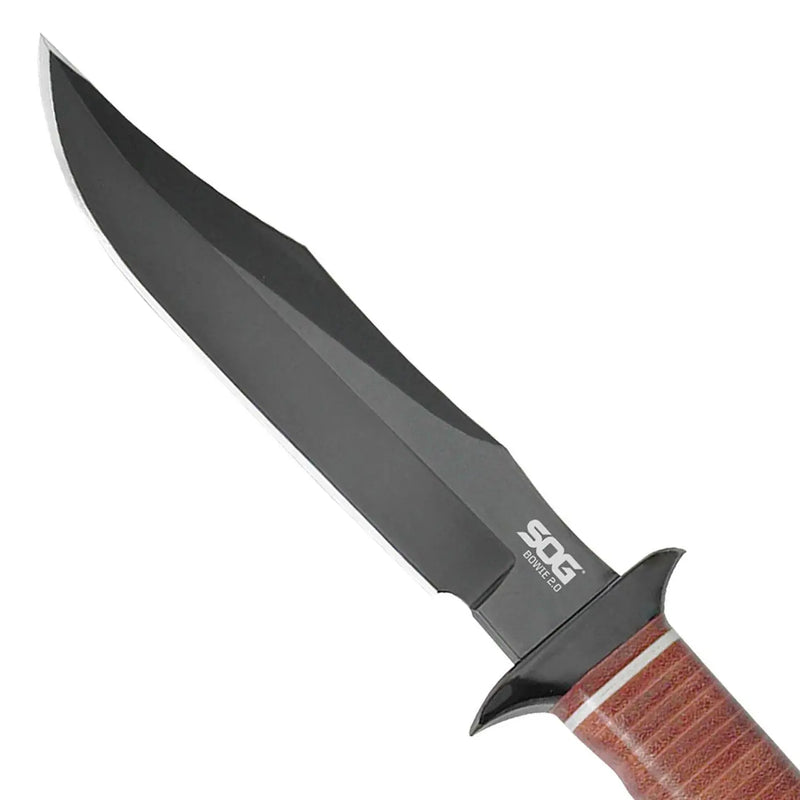 Sog Bowie 2.0 Knife 6.4" Black Tini Blade Leather Handles Leather Sheath SOG