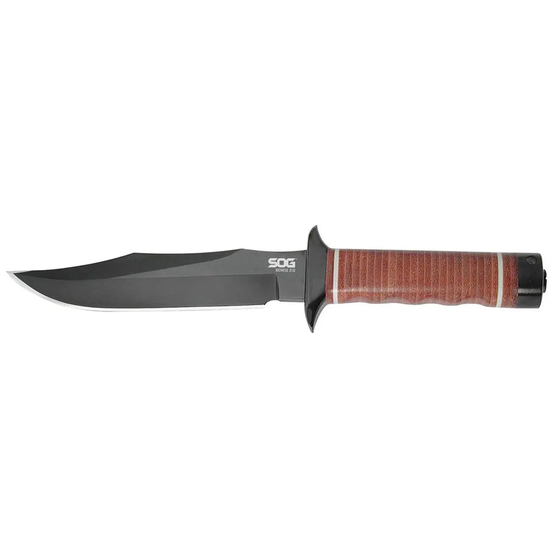 Sog Bowie 2.0 Knife 6.4" Black Tini Blade Leather Handles Leather Sheath SOG