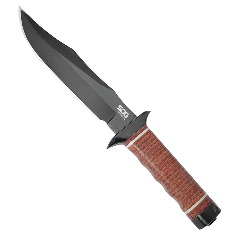 Sog Bowie 2.0 Knife 6.4" Black Tini Blade Leather Handles Leather Sheath SOG