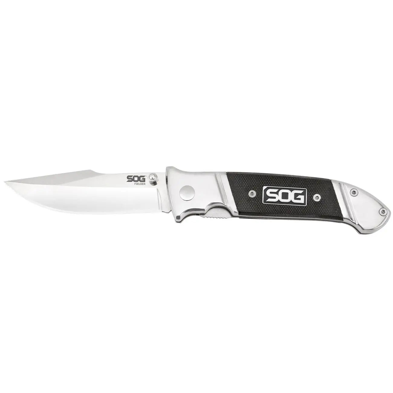 Sog Fielder Folding Knife 3.3" Satin Clip Point Blade Black G10 Handles SOG