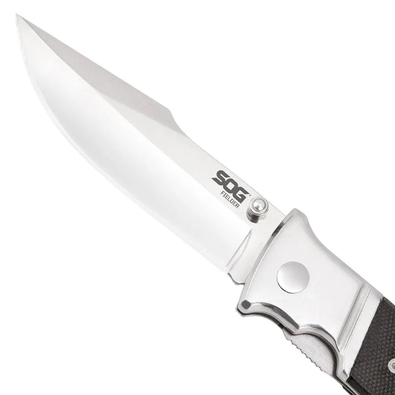 Sog Fielder Folding Knife 3.3" Satin Clip Point Blade Black G10 Handles SOG