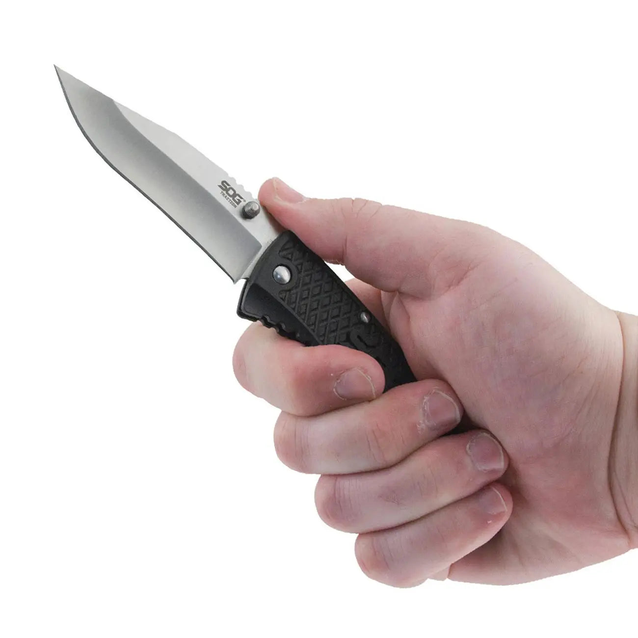 Sog Traction Folding Knife 3.5" Clip Point Plain Blade Black Grn Handles SOG