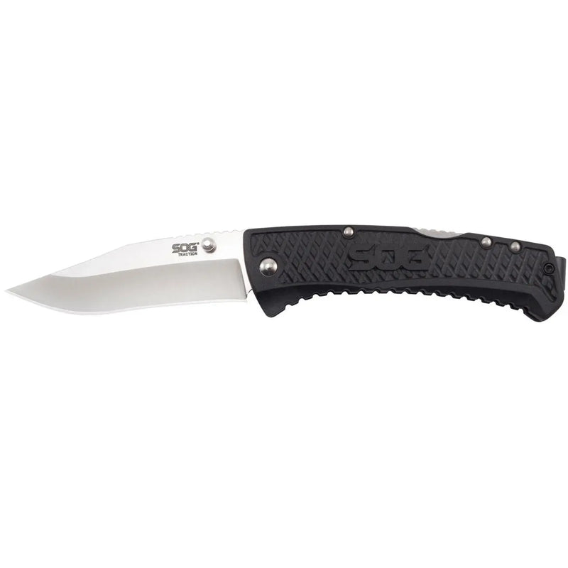 Sog Traction Folding Knife 3.5" Clip Point Plain Blade Black Grn Handles SOG
