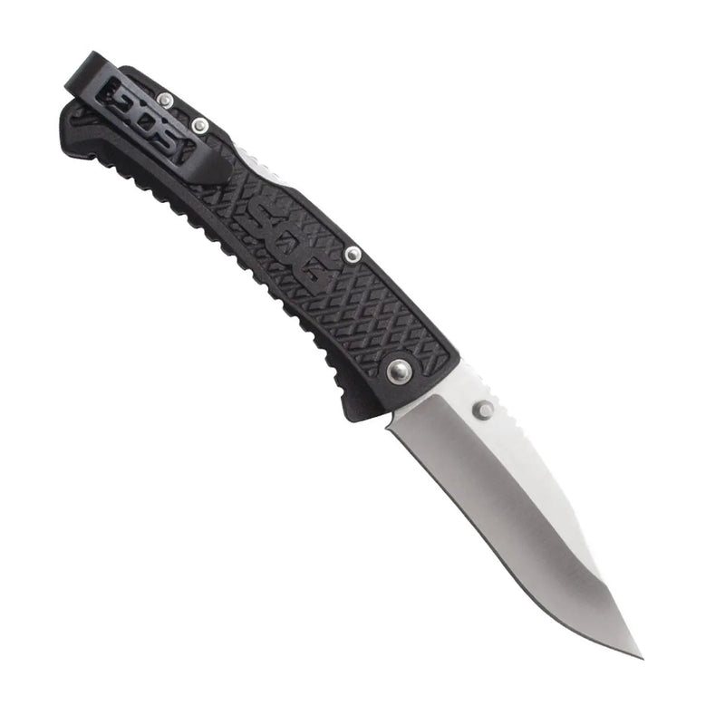 Sog Traction Folding Knife 3.5" Clip Point Plain Blade Black Grn Handles SOG