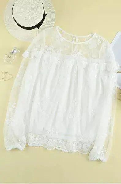 Solid Color Crewneck Lace Mesh Ruffle Top Stay Warm in Style