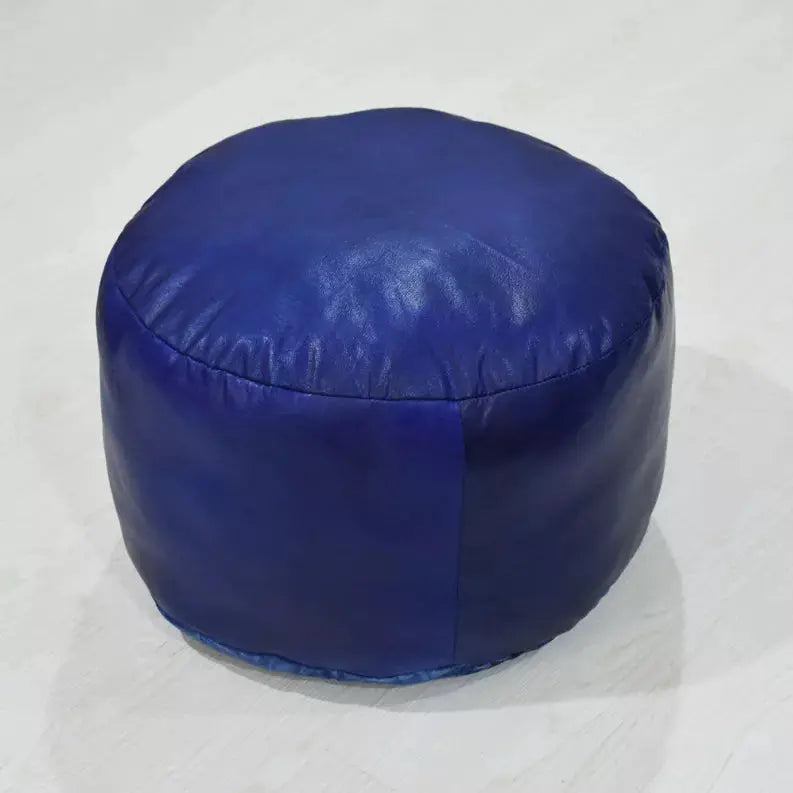Solid Handmade Goat Leather Round Pouf (Recycled Cotton Fill) Get My Rugs LLC
