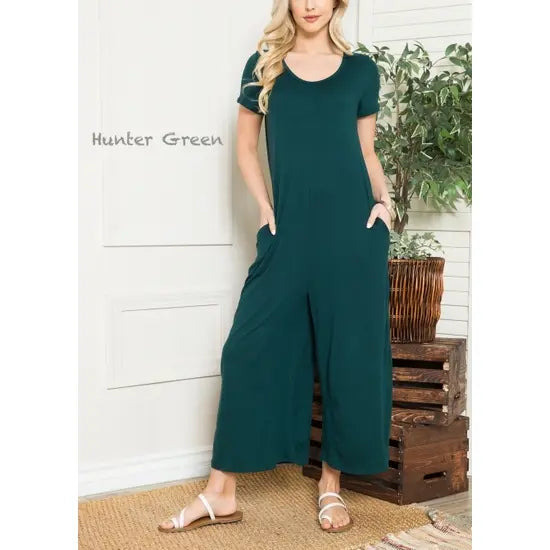 Solid Short Sleeve V Neck Jumpsuit with Low Back aa24