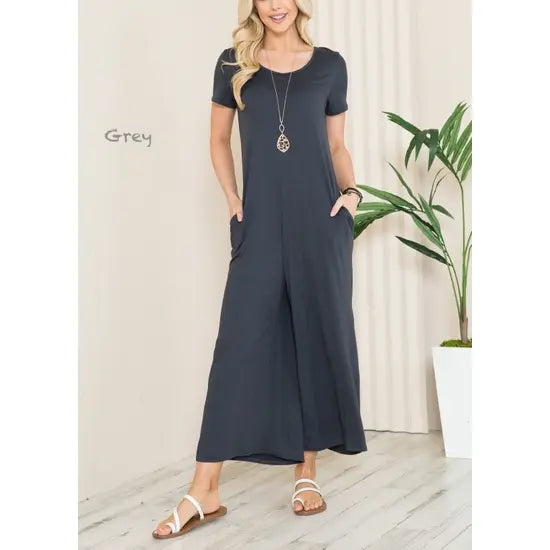 Solid Short Sleeve V Neck Jumpsuit with Low Back aa24