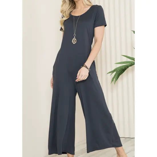 Solid Short Sleeve V Neck Jumpsuit with Low Back aa24