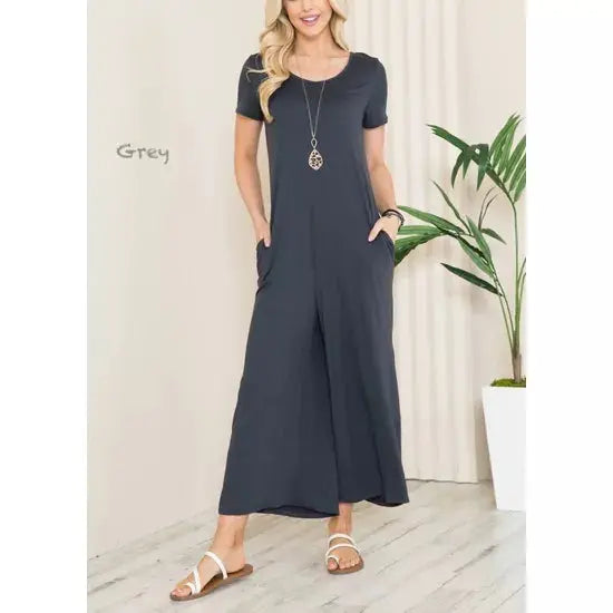 Solid Short Sleeve V Neck Jumpsuit with Low Back aa24