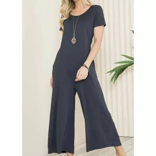 Solid Short Sleeve V Neck Jumpsuit with Low Back aa24