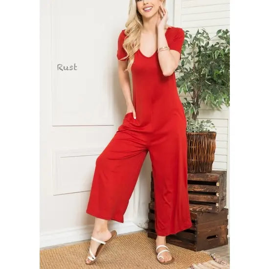 Solid Short Sleeve V Neck Jumpsuit with Low Back aa24