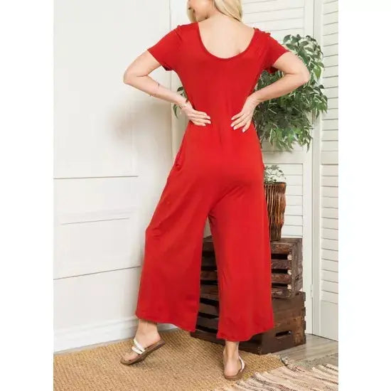 Solid Short Sleeve V Neck Jumpsuit with Low Back aa24
