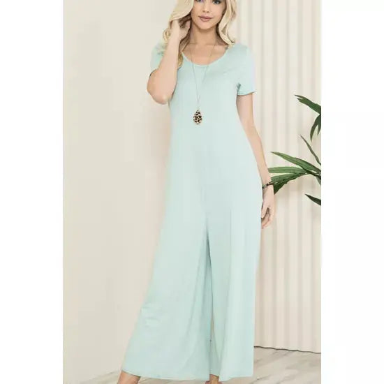 Solid Short Sleeve V Neck Jumpsuit with Low Back aa24