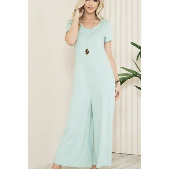 Solid Short Sleeve V Neck Jumpsuit with Low Back aa24