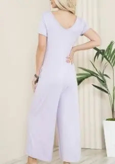 Solid Short Sleeve V Neck Jumpsuit with Low Back aa24