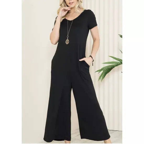 Solid Short Sleeve V Neck Jumpsuit with Low Back aa24