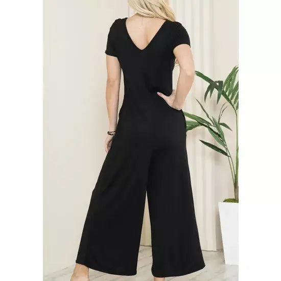Solid Short Sleeve V Neck Jumpsuit with Low Back aa24