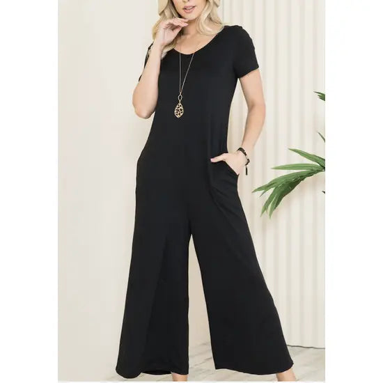Solid Short Sleeve V Neck Jumpsuit with Low Back aa24