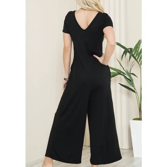 Solid Short Sleeve V Neck Jumpsuit with Low Back aa24