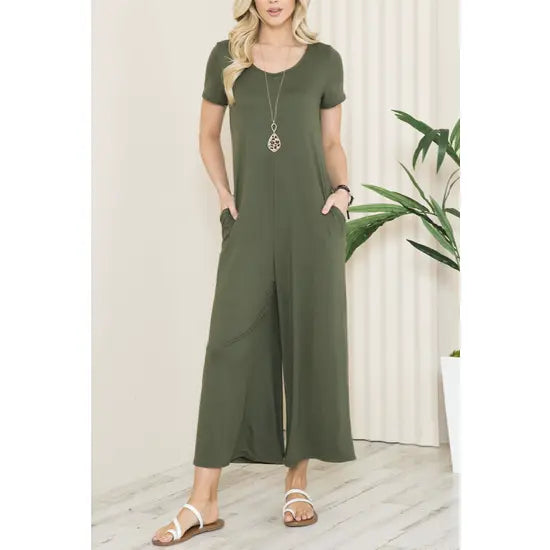 Solid Short Sleeve V Neck Jumpsuit with Low Back aa24