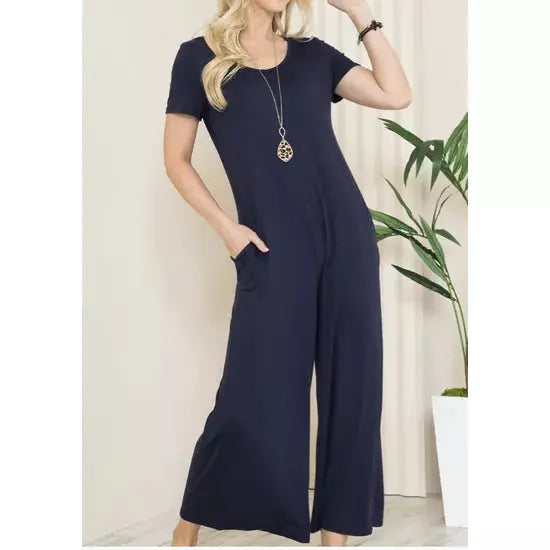 Solid Short Sleeve V Neck Jumpsuit with Low Back aa24