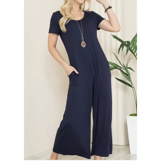 Solid Short Sleeve V Neck Jumpsuit with Low Back aa24