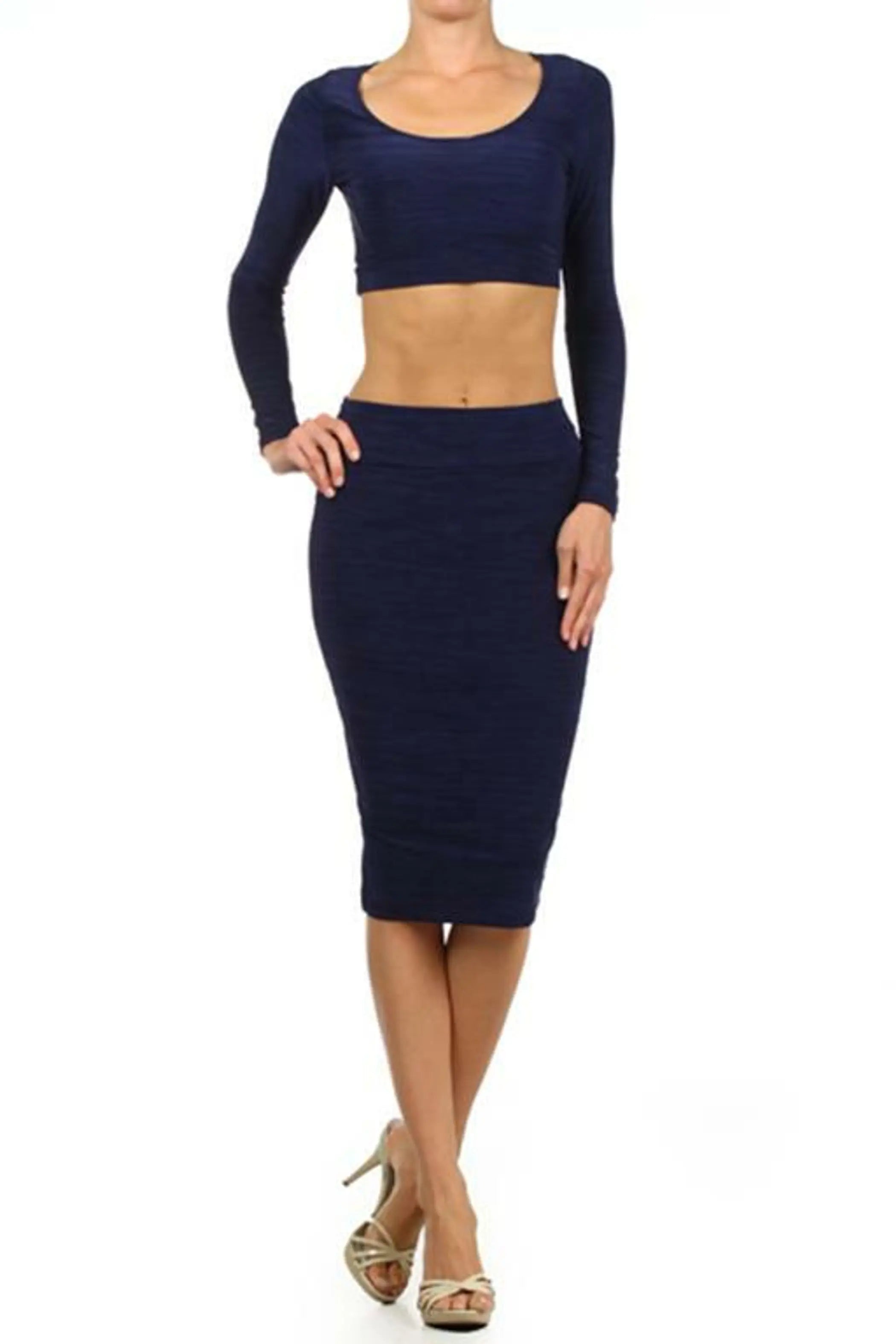 Solid Two Piece Set with a Cropped Fitted Top and a Matching High Waist Skirt Navy SurelyMine
