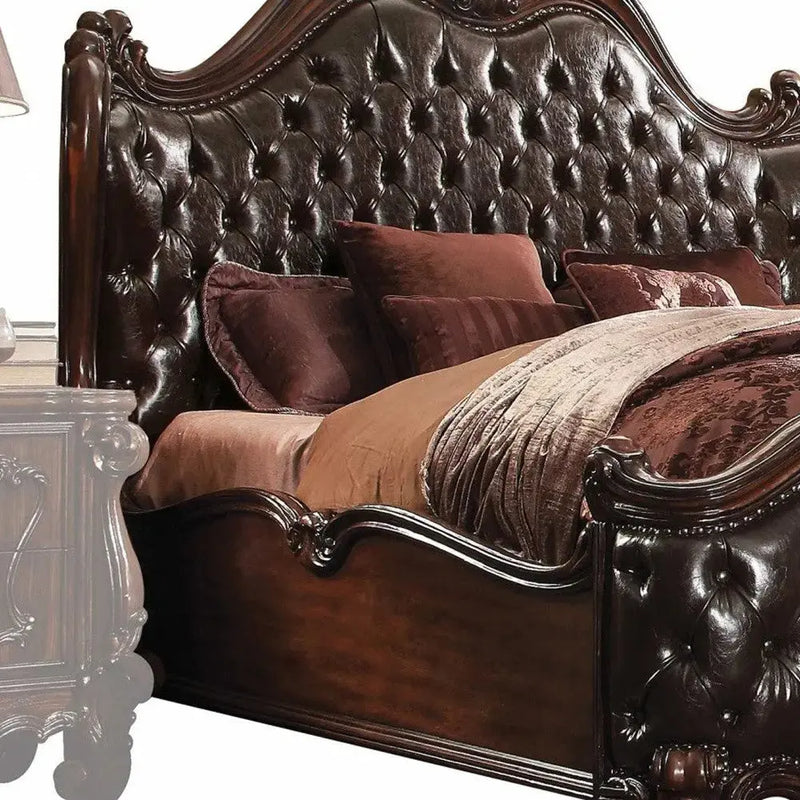 Solid Wood Queen Tufted Dark Brown Upholstered Faux Leather Bed With Nailhead Trim Homeroots Bed & Bath