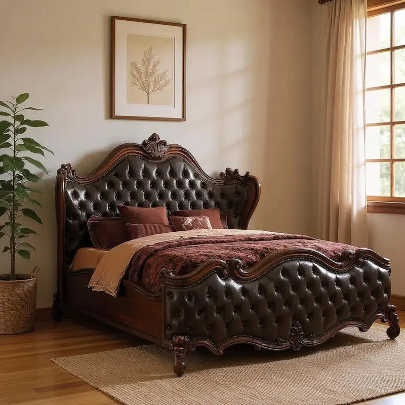 Solid Wood Queen Tufted Dark Brown Upholstered Faux Leather Bed With Nailhead Trim Homeroots Bed & Bath