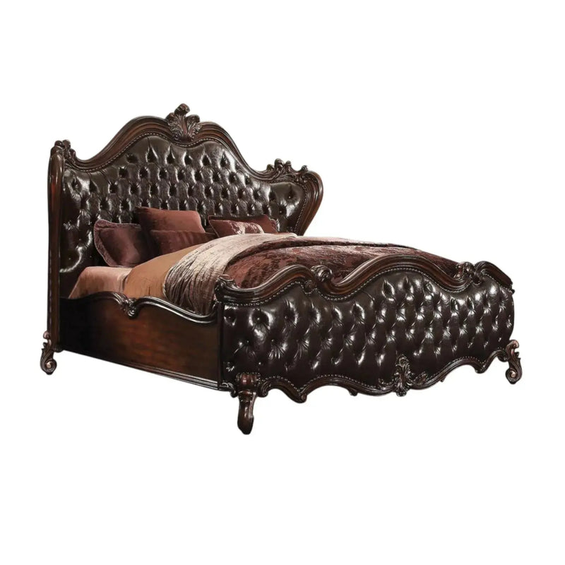 Solid Wood Queen Tufted Dark Brown Upholstered Faux Leather Bed With Nailhead Trim Homeroots Bed & Bath