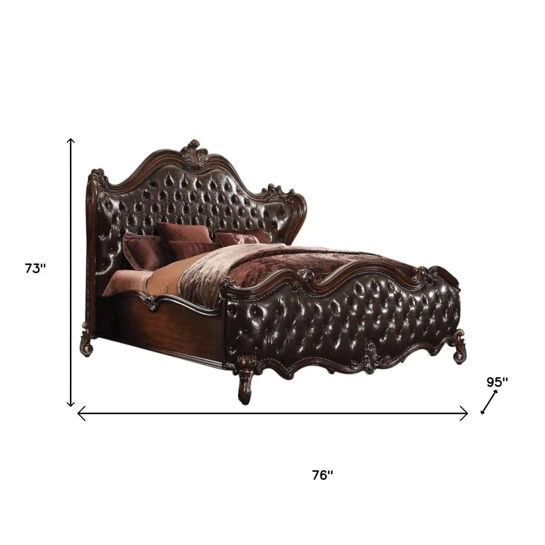 Solid Wood Queen Tufted Dark Brown Upholstered Faux Leather Bed With Nailhead Trim Homeroots Bed & Bath