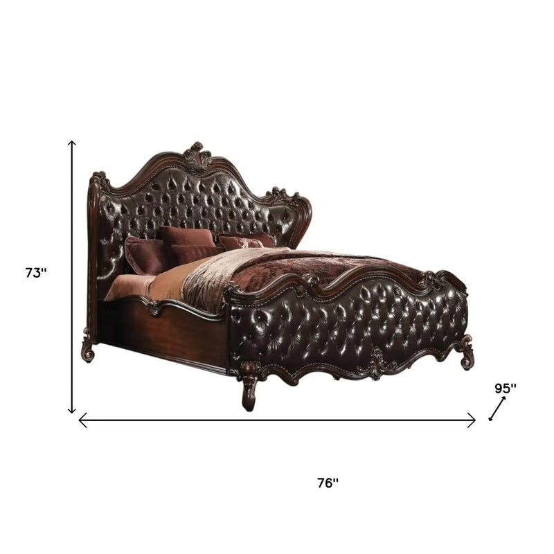 Solid Wood Queen Tufted Dark Brown Upholstered Faux Leather Bed With Nailhead Trim Homeroots Bed & Bath