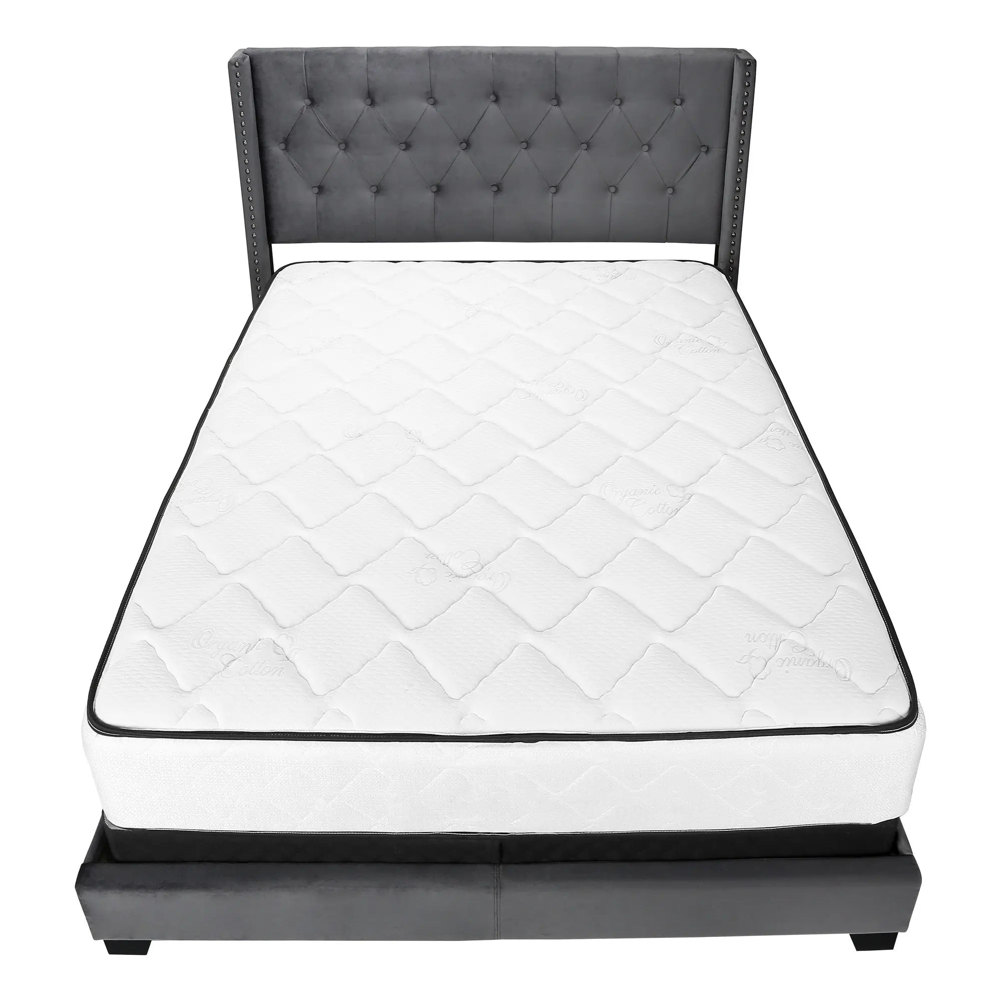 Solid Wood Queen Tufted Gray Upholstered Velvet Bed With Nailhead Trim - GreatEagleInc