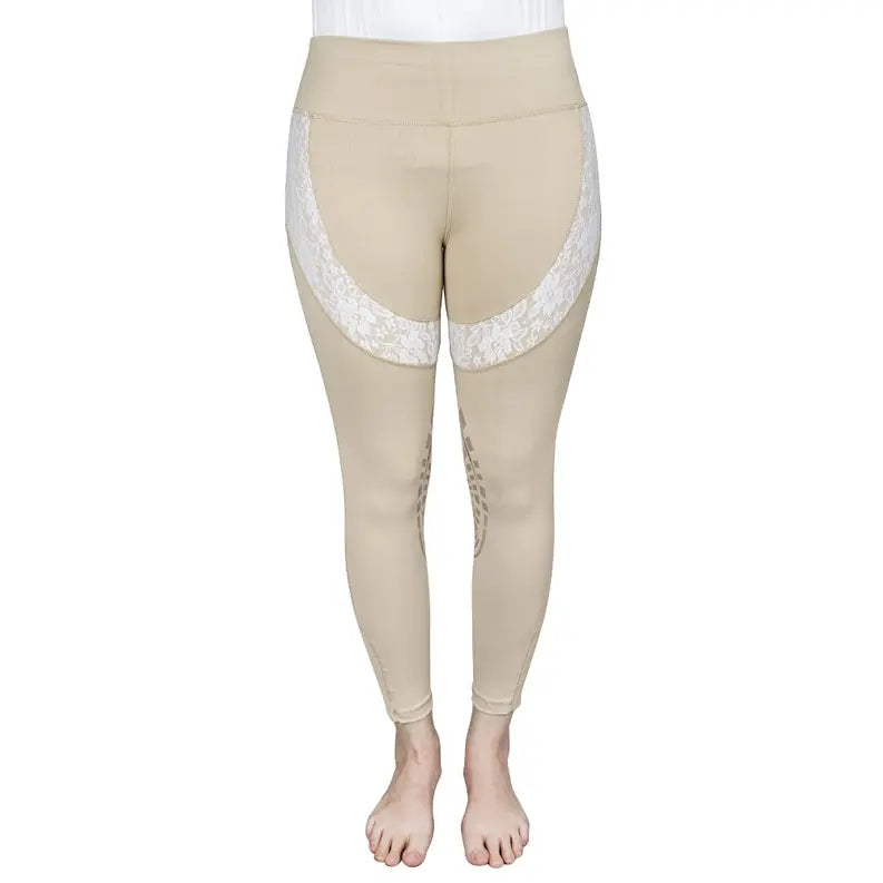 Beige leggings with lace accents, high-waisted, stylish and comfortable for everyday wear.